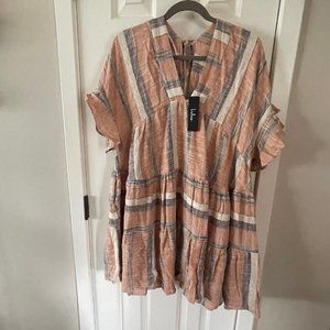 Lulu's Dusty Orange Blue White Striped Linen Boho Babydoll Dress Size Medium New